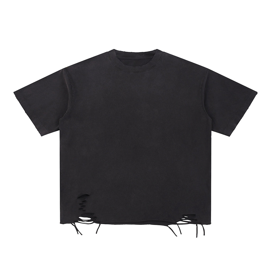Anointed Garments unisex black snow washed cotton t-shirt with a drop shoulder, round neck, and raw distressed hem.