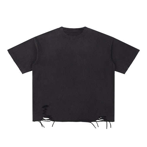 Anointed Garments unisex black snow washed cotton t-shirt with a drop shoulder, round neck, and raw distressed hem.