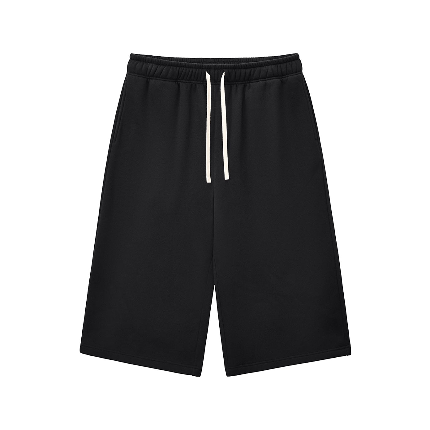 Anointed Garments black relaxed fit three-quarter sweatpants with a white drawstring and thick cotton blend fabric.