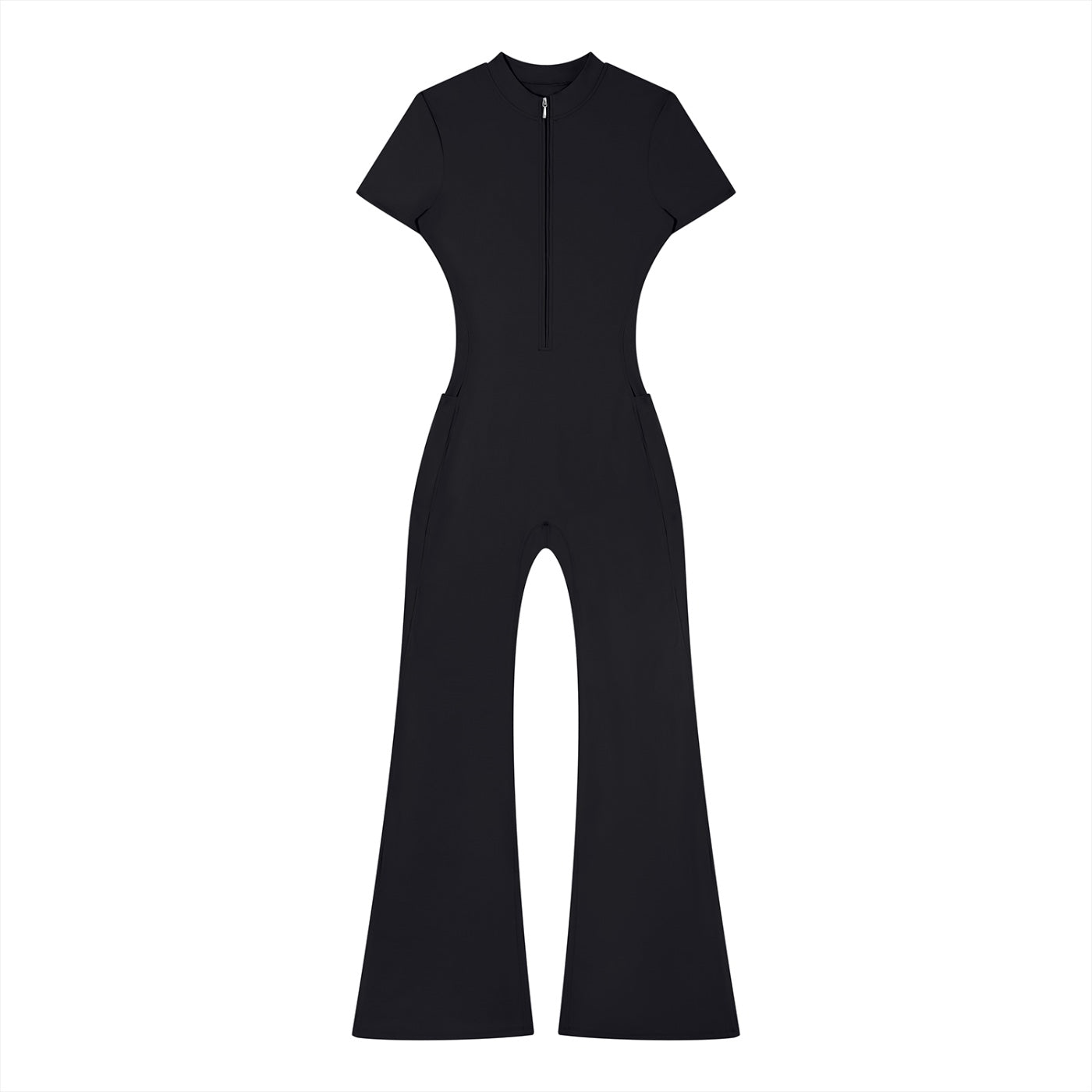 Anointed Garments black short-sleeve bodycon jumpsuit with a quarter-zip front and flared legs in nylon-spandex blend.