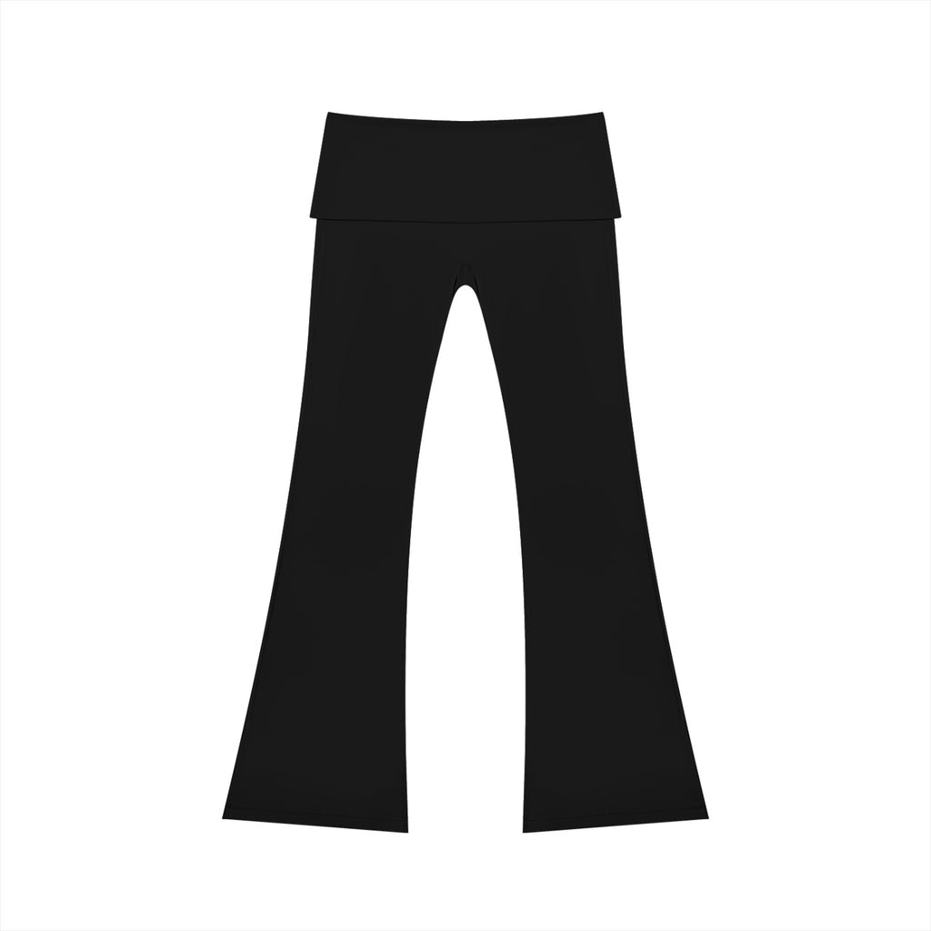 Anointed Garments black high rise flared yoga pants made from nylon and spandex blend for gym and casual wear.