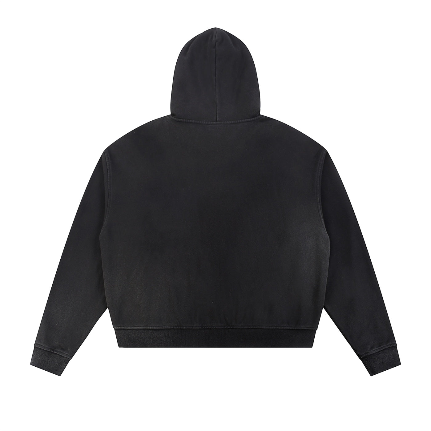 Back view of an Anointed Garments oversized black fleece zip hoodie with a vintage sun-faded finish.