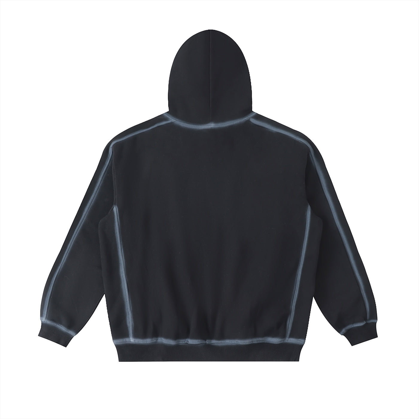 Anointed Garments black sunfaded edge fleece hoodie with drop shoulder design and oversized fit, back view.