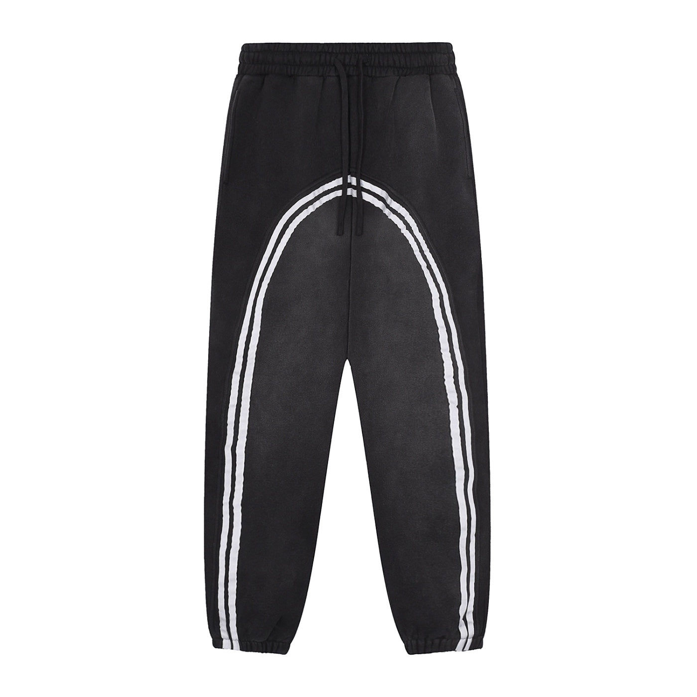 Anointed Garments black fleece jogger sweatpants with sun fade effect, drawstring waist, and white contrast tape detail