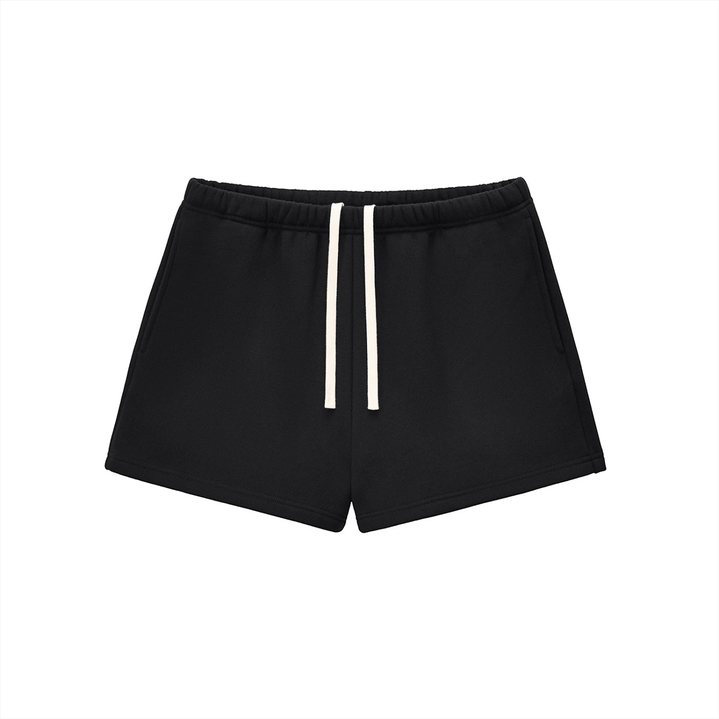 Anointed Garments black fleece lounge shorts for women with an elasticated waistband and contrasting white drawstring.