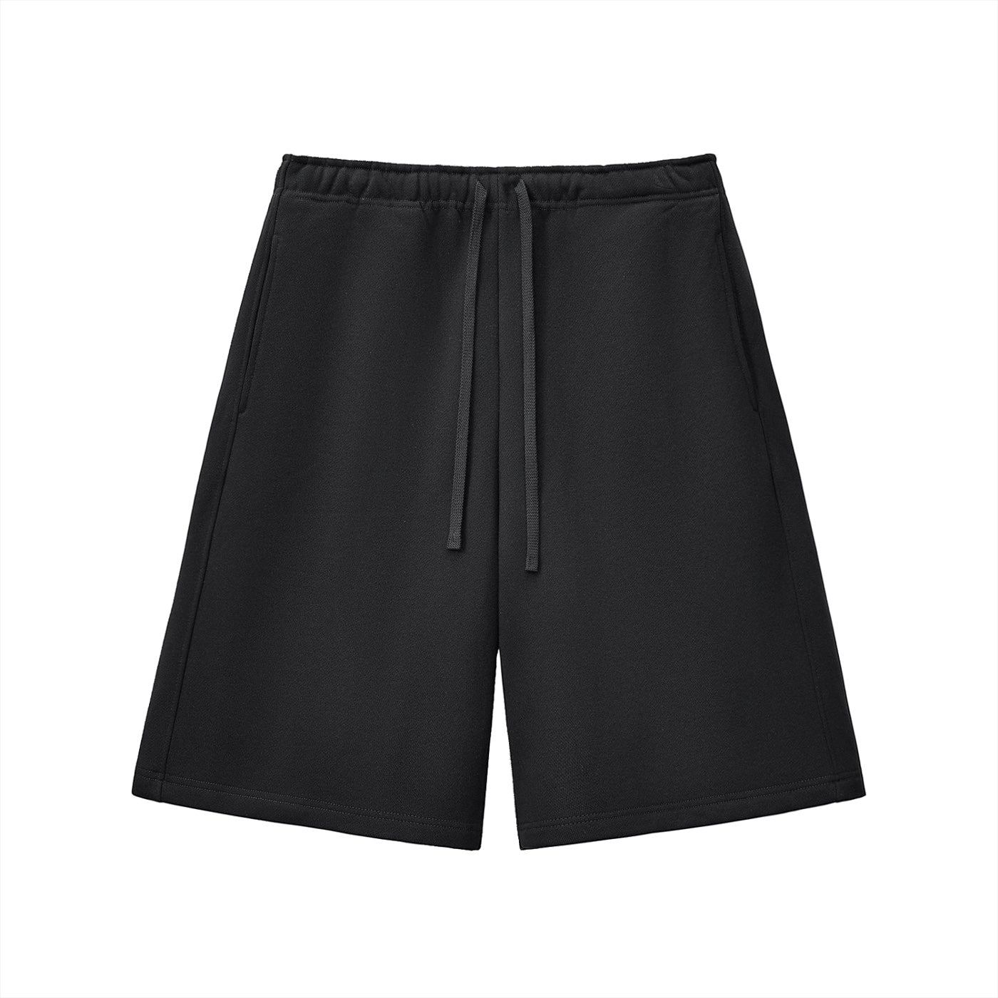 Anointed Garments black heavyweight fleece shorts with an elastic drawstring waist and side pockets.