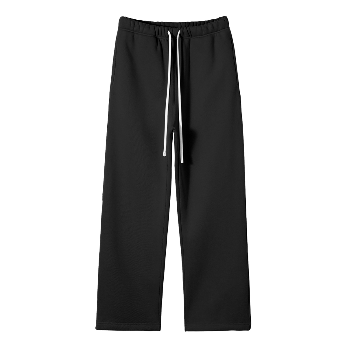 Anointed Garments black heavyweight fleece straight-leg pants with an adjustable white drawstring waist.