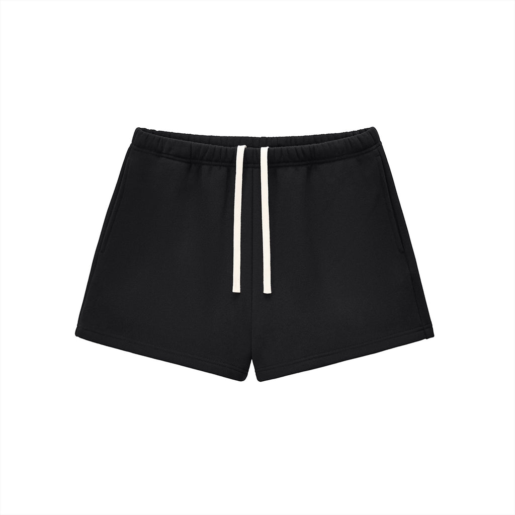 Anointed Garments black fleece drawstring sweatshorts for women with a loose fit and casual style.