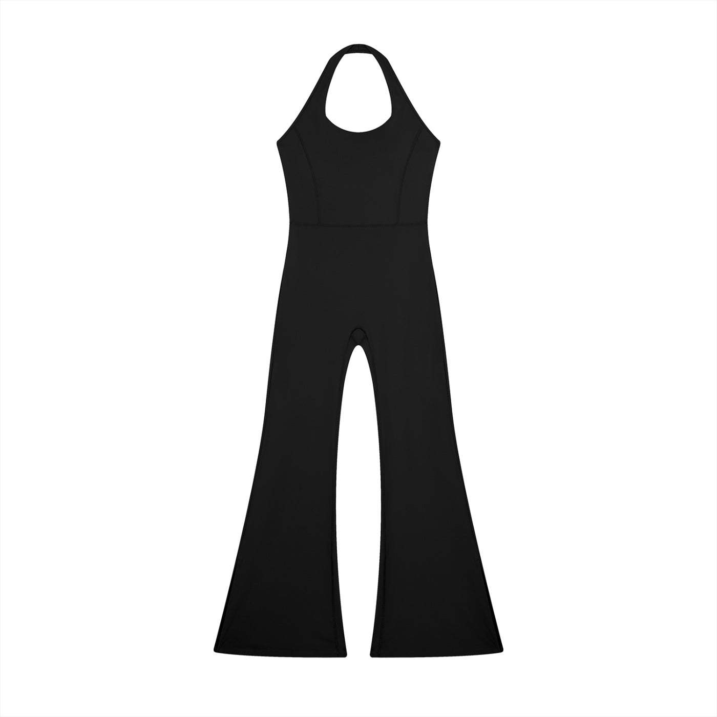 Anointed Garments black sleeveless halter neck jumpsuit with a fitted bodice and flared legs in stretch fabric.