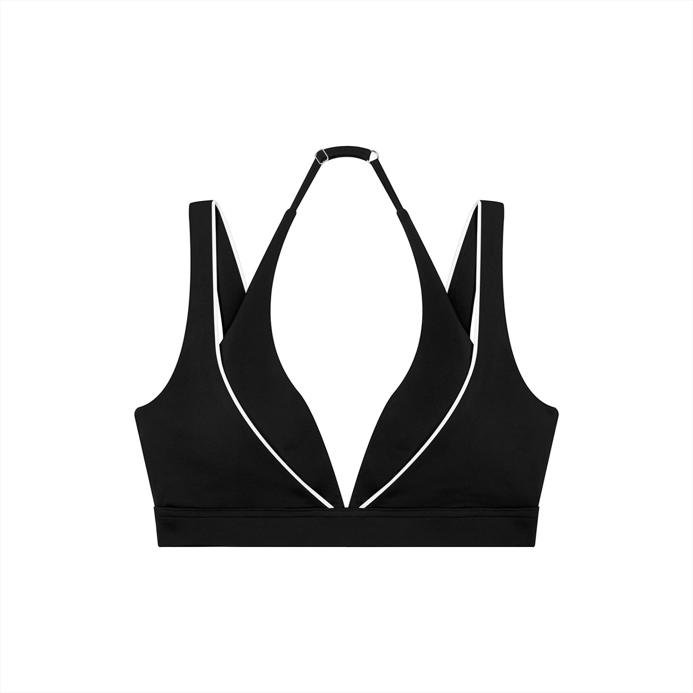 Anointed Garments black halter neck sports bra with white trim, featuring a deep V-neck and racerback style.