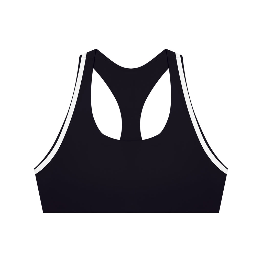Anointed Garments black halter yoga sports bra with white trim, featuring a sporty racerback design in polyester blend.