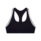 Anointed Garments black halter yoga sports bra with white trim, featuring a sporty racerback design in polyester blend.