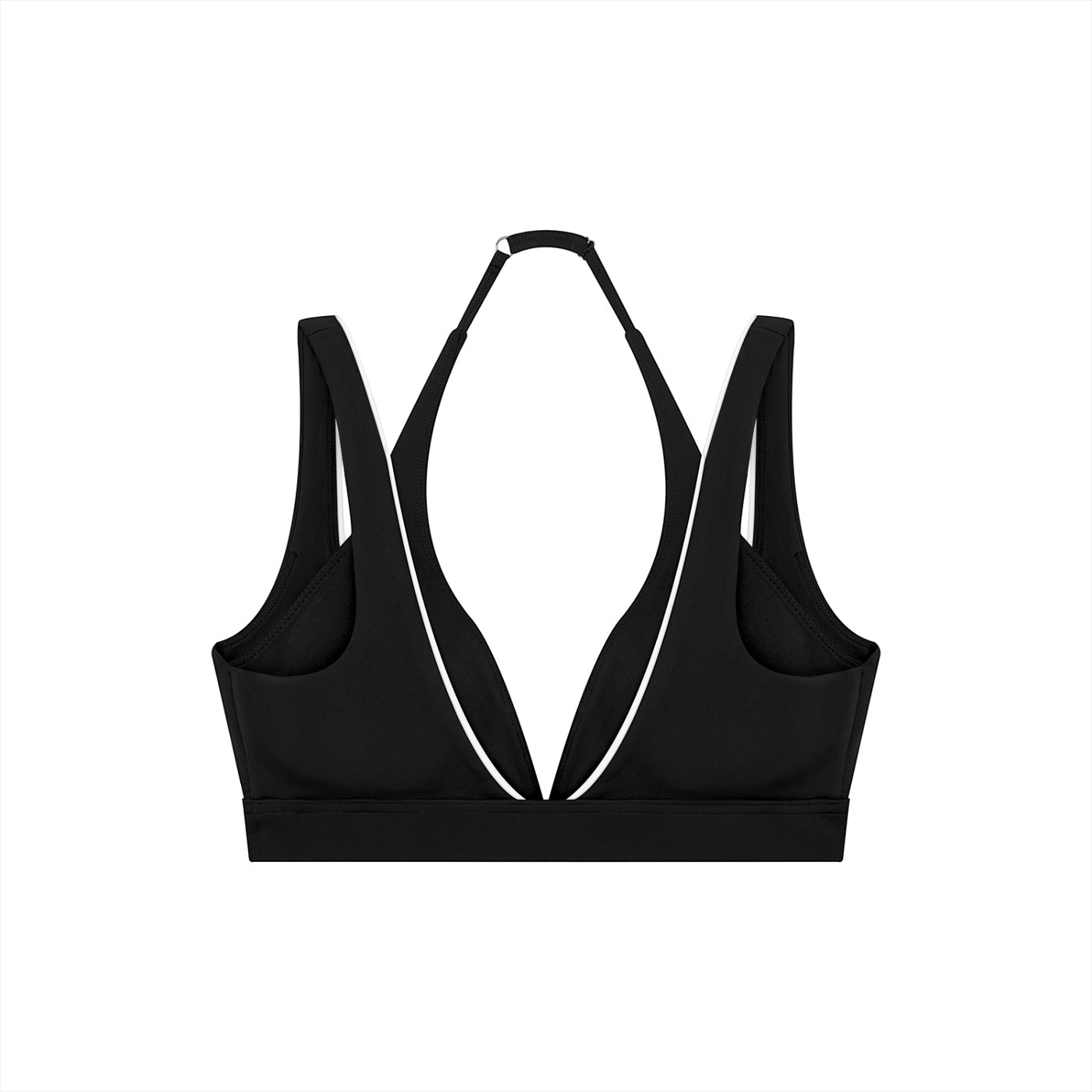 Anointed Garments black halter neck yoga sports bra with a deep V-neckline and supportive racerback design.