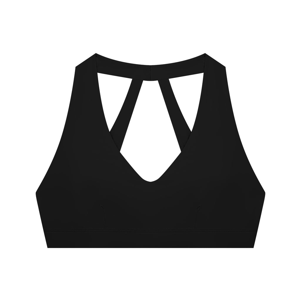 Anointed Garments black halter neck cropped sports bra with a racerback design in nylon spandex fabric