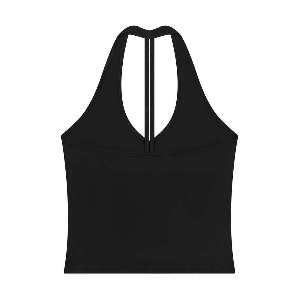 Anointed Garments black sleeveless halter neck tank top in a soft-touch nylon spandex blend with a modern cut.
