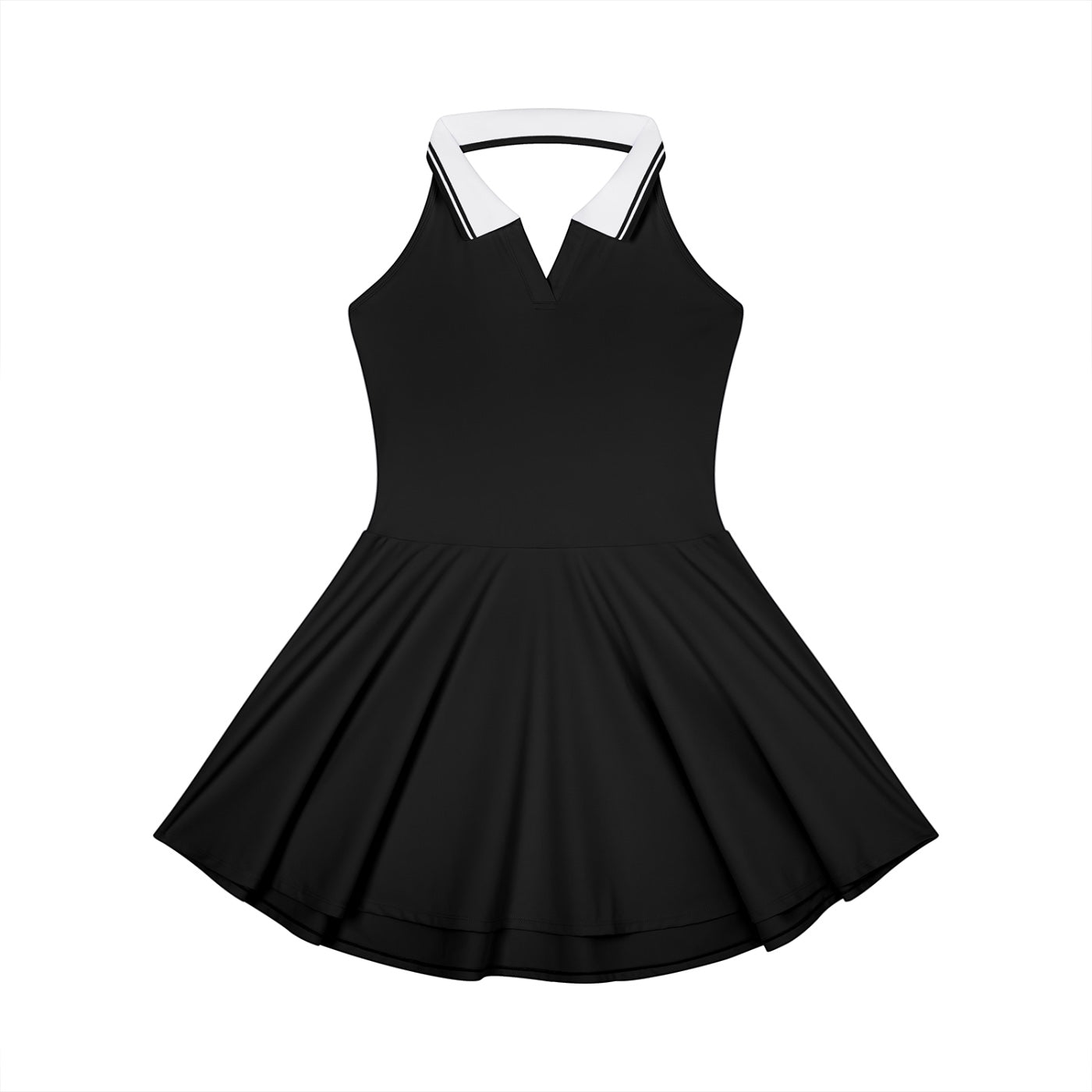 Anointed Garments black sleeveless A-line tennis dress with a white collared halter neckline.