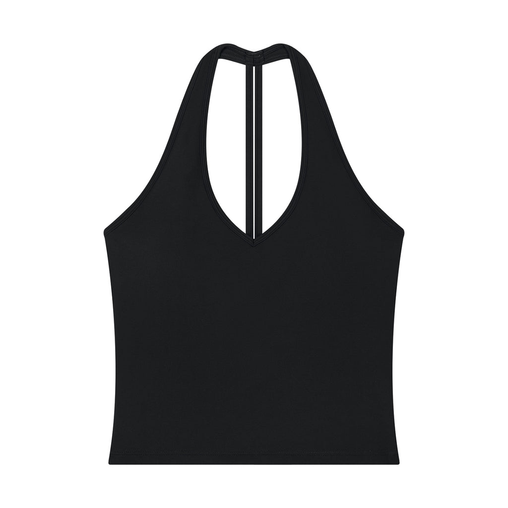 Anointed Garments black halter V-neck yoga tank top in a sleeveless bodycon crop style made from nylon spandex blend