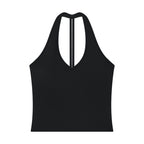 Anointed Garments black halter V-neck yoga tank top in a sleeveless bodycon crop style made from nylon spandex blend