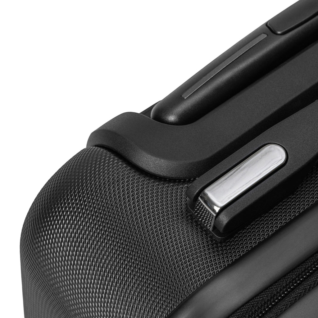 Anointed Garments black hardshell suitcase corner detail with textured finish and durable handle