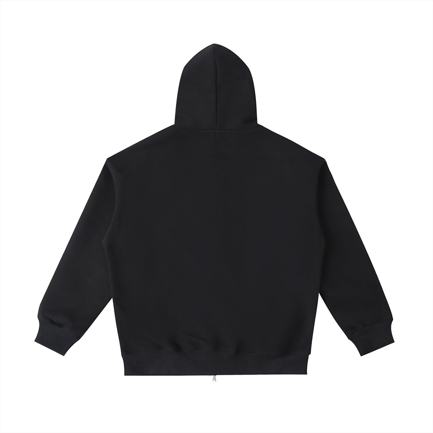 Back view of an Anointed Garments black heavyweight cotton blend oversized hoodie with a drop shoulder design.