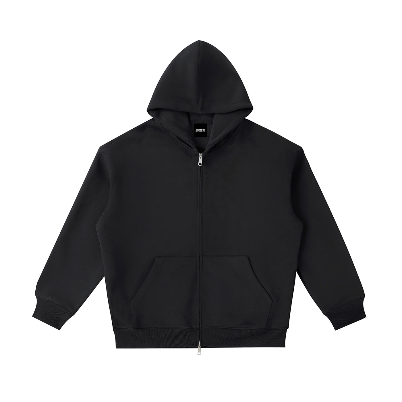 Anointed Garments black heavyweight cotton blend zip-up hoodie with a drop shoulder and front pockets.