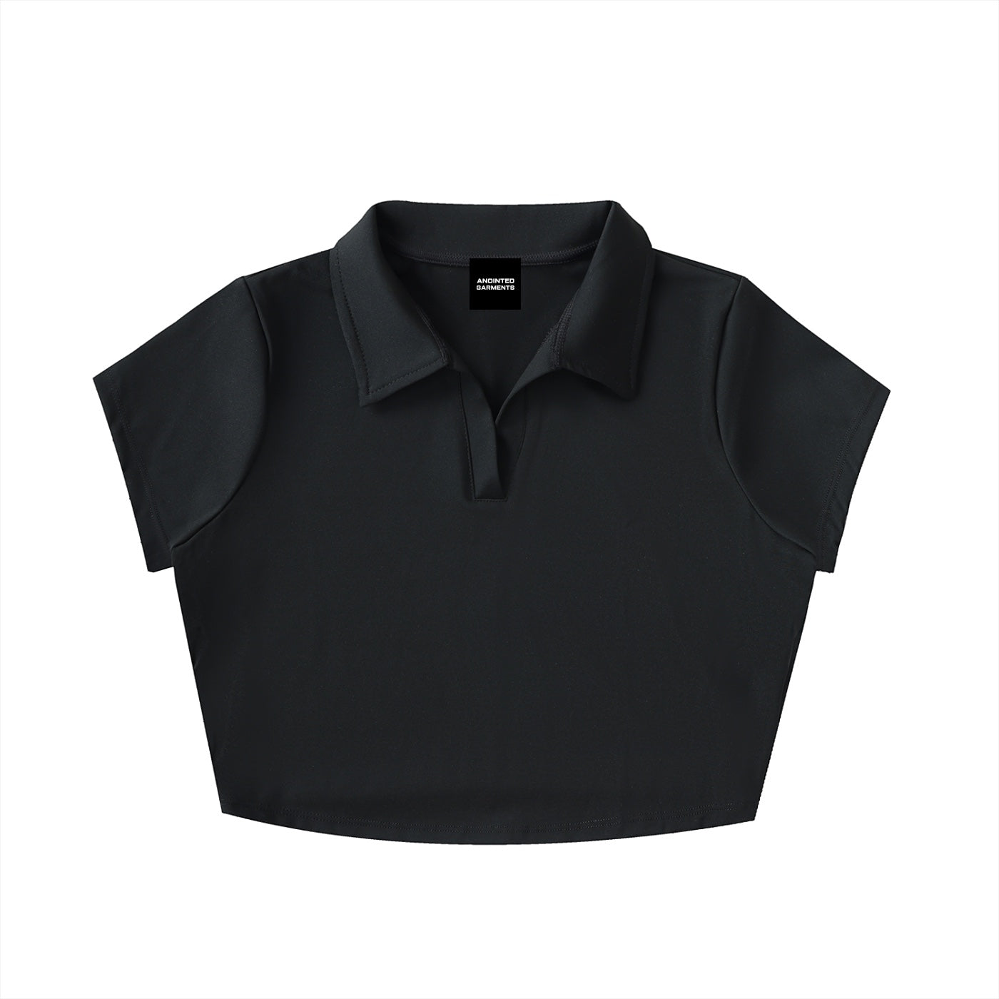 Anointed Garments black short-sleeve crop top with a V-neck lapel collar, made from a sporty nylon-spandex blend.