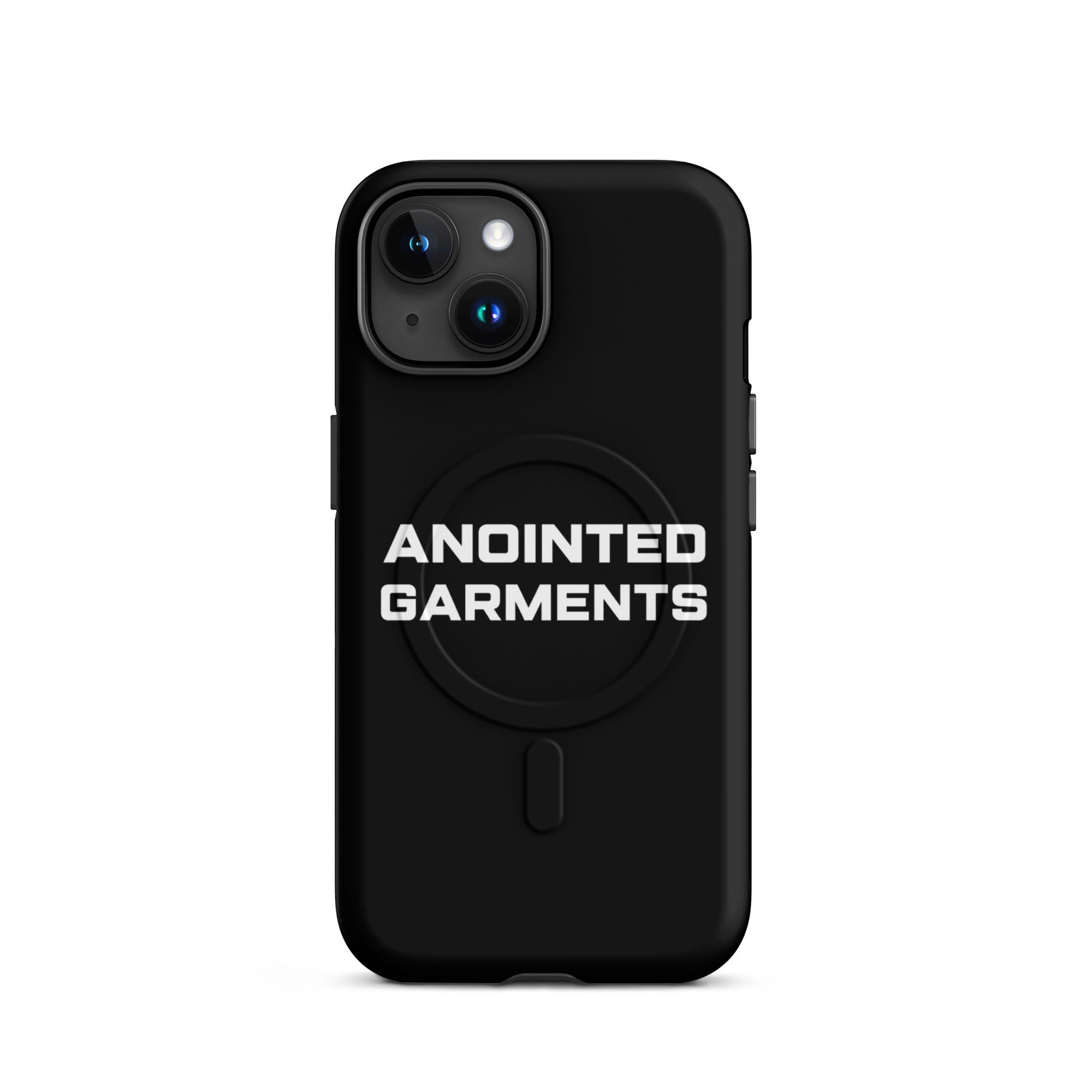 Anointed Garments matte black MagSafe protective smartphone case with white logo branding