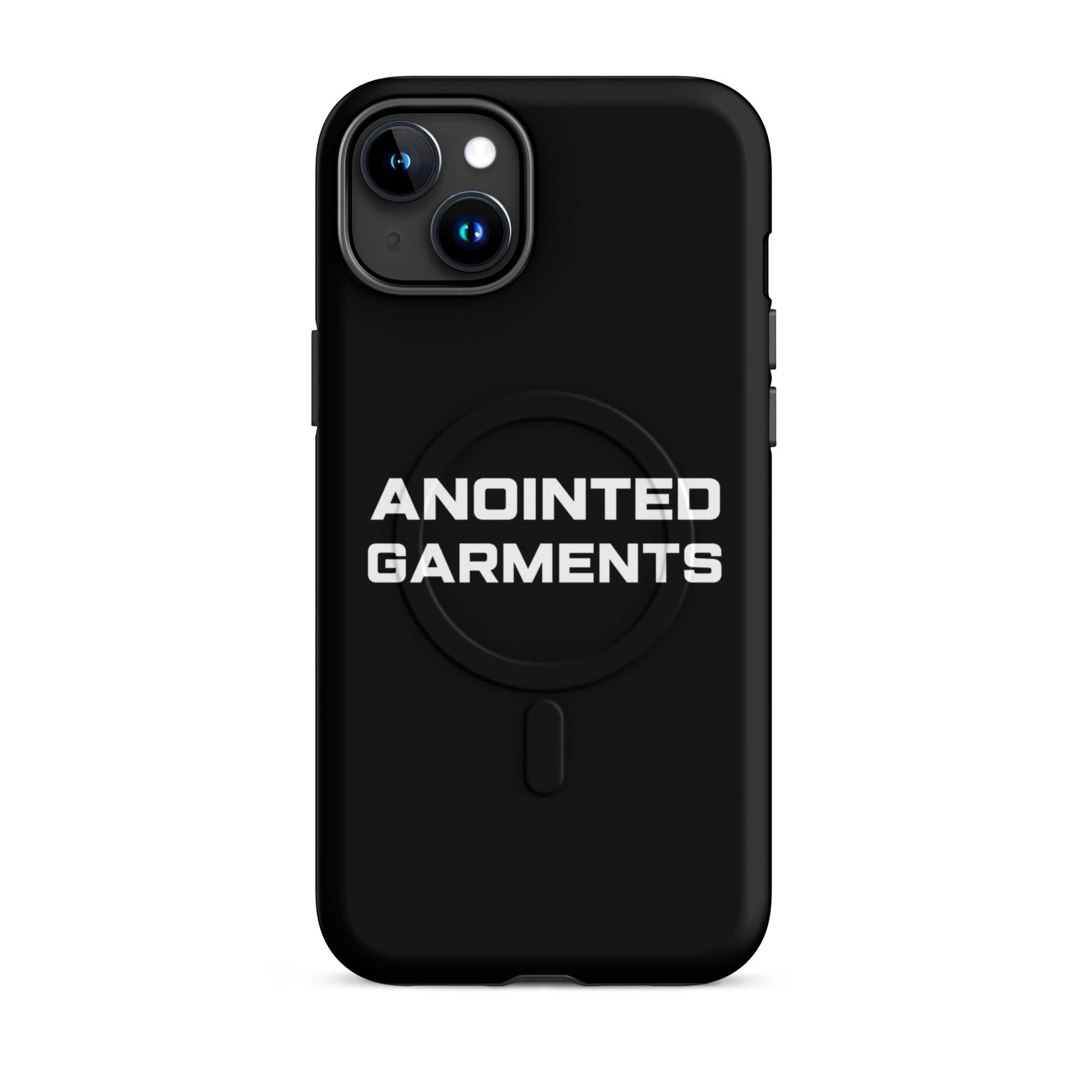 Anointed Garments black matte protective smartphone case with MagSafe compatibility and white logo branding