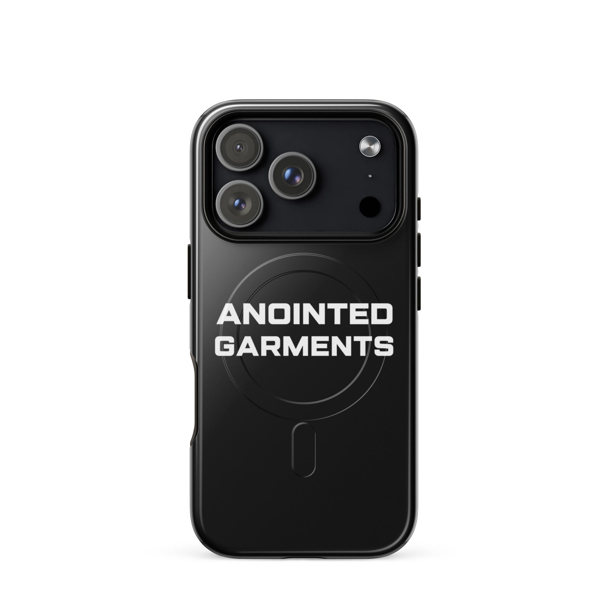 Anointed Garments black protective smartphone case with MagSafe compatibility and minimalist branding