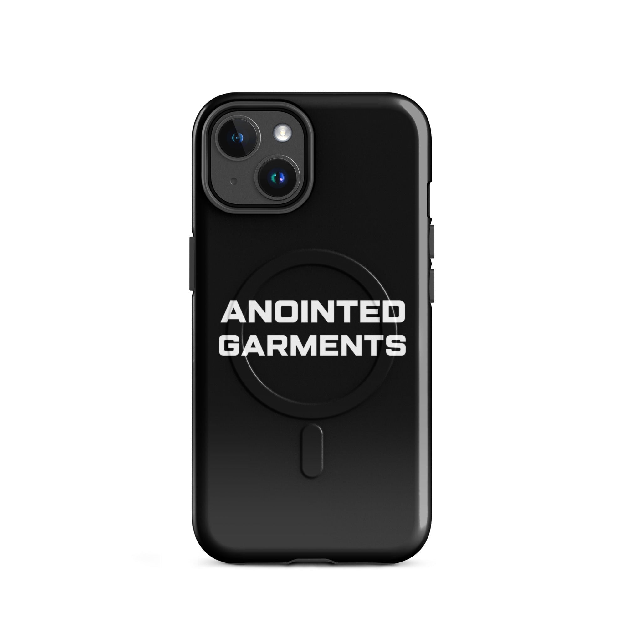Anointed Garments black MagSafe compatible smartphone case with a matte finish and white logo branding.