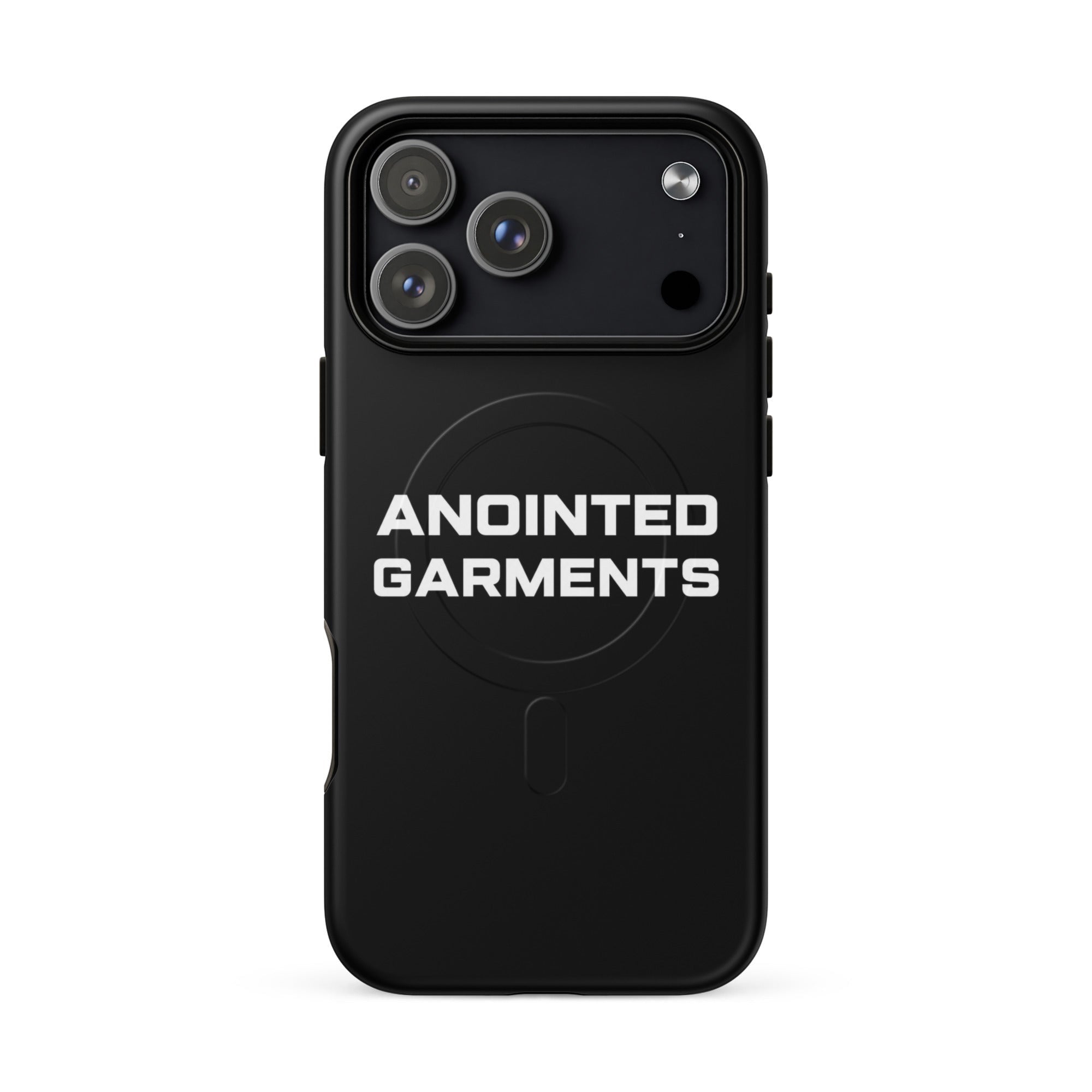 Anointed Garments matte black protective smartphone case with MagSafe compatibility and white brand logo