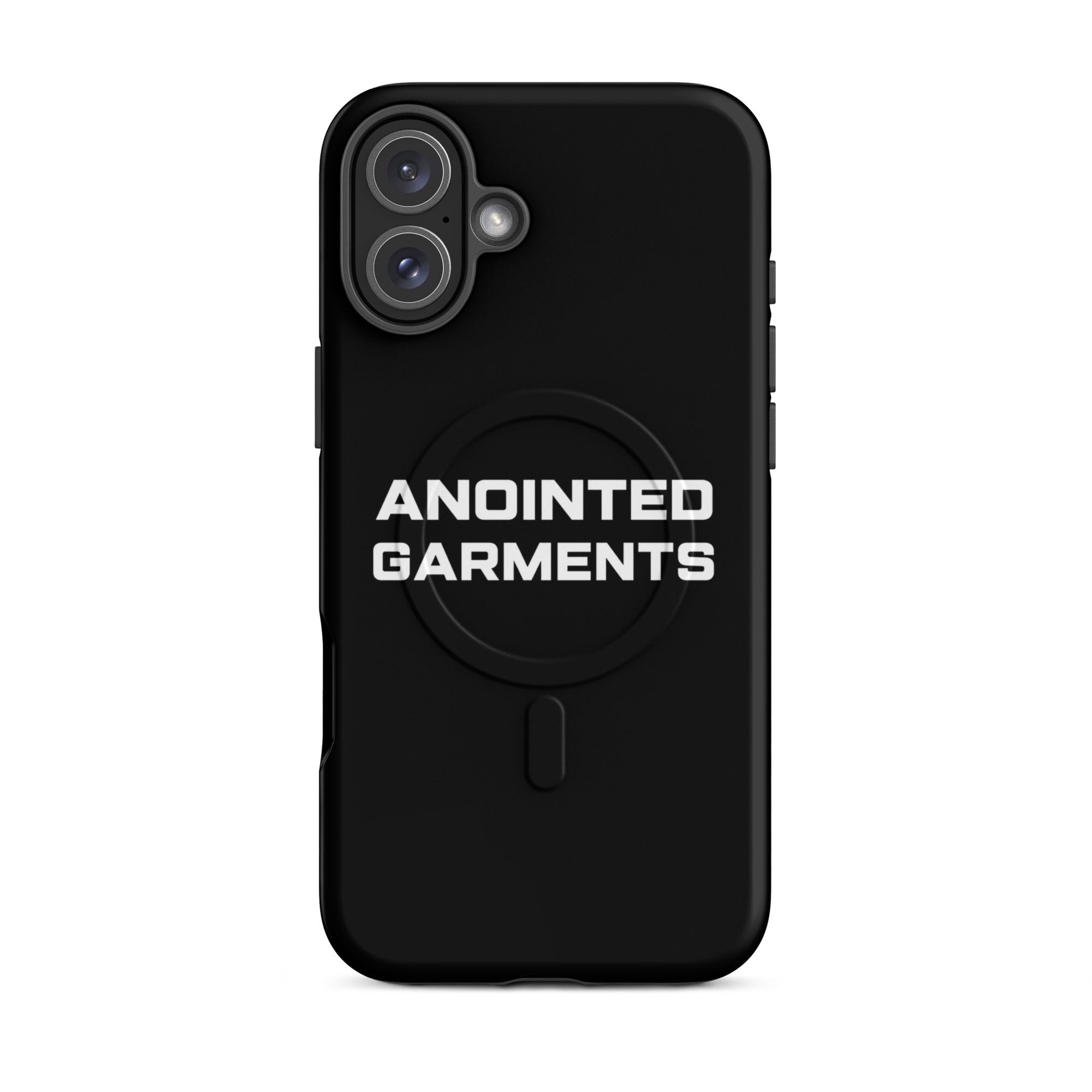 Anointed Garments matte black protective smartphone case with MagSafe compatibility and white logo branding.