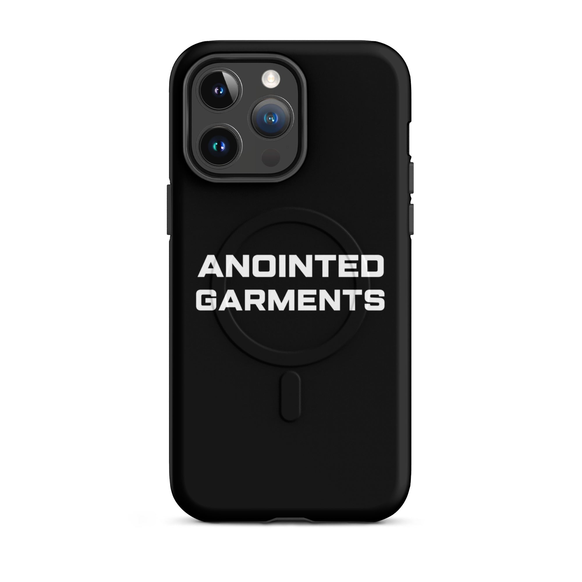 Anointed Garments matte black protective smartphone case with MagSafe compatibility and white logo branding