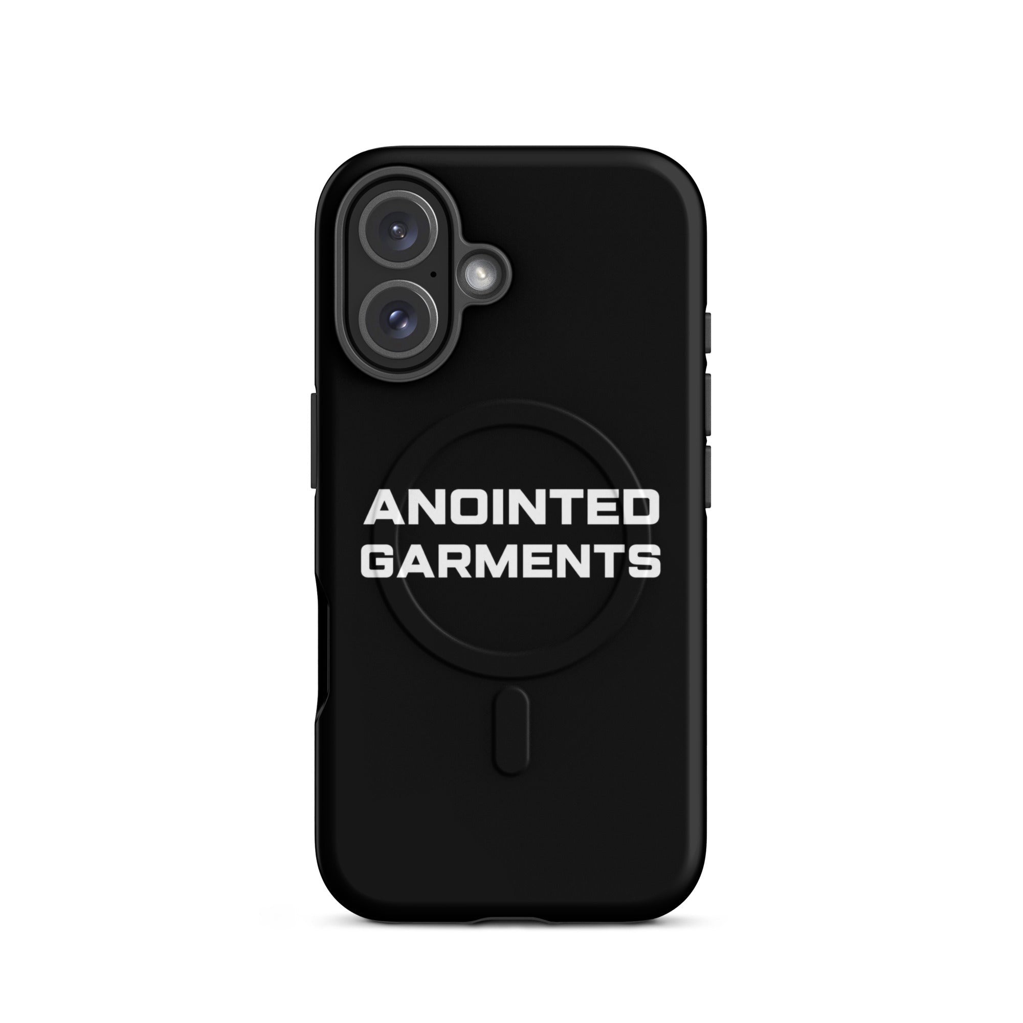 Anointed Garments black matte protective smartphone case with MagSafe compatibility and white logo branding.