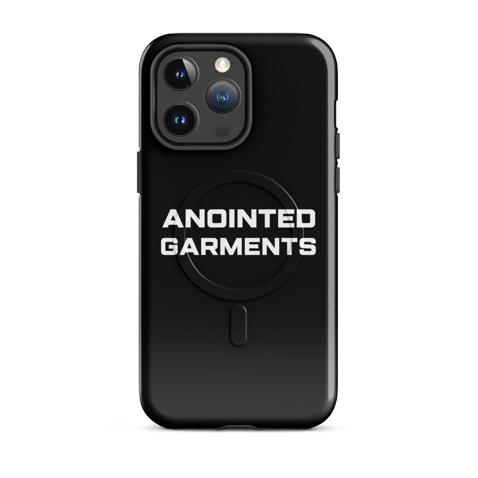 Anointed Garments matte black protective smartphone case with MagSafe compatibility and white logo branding.