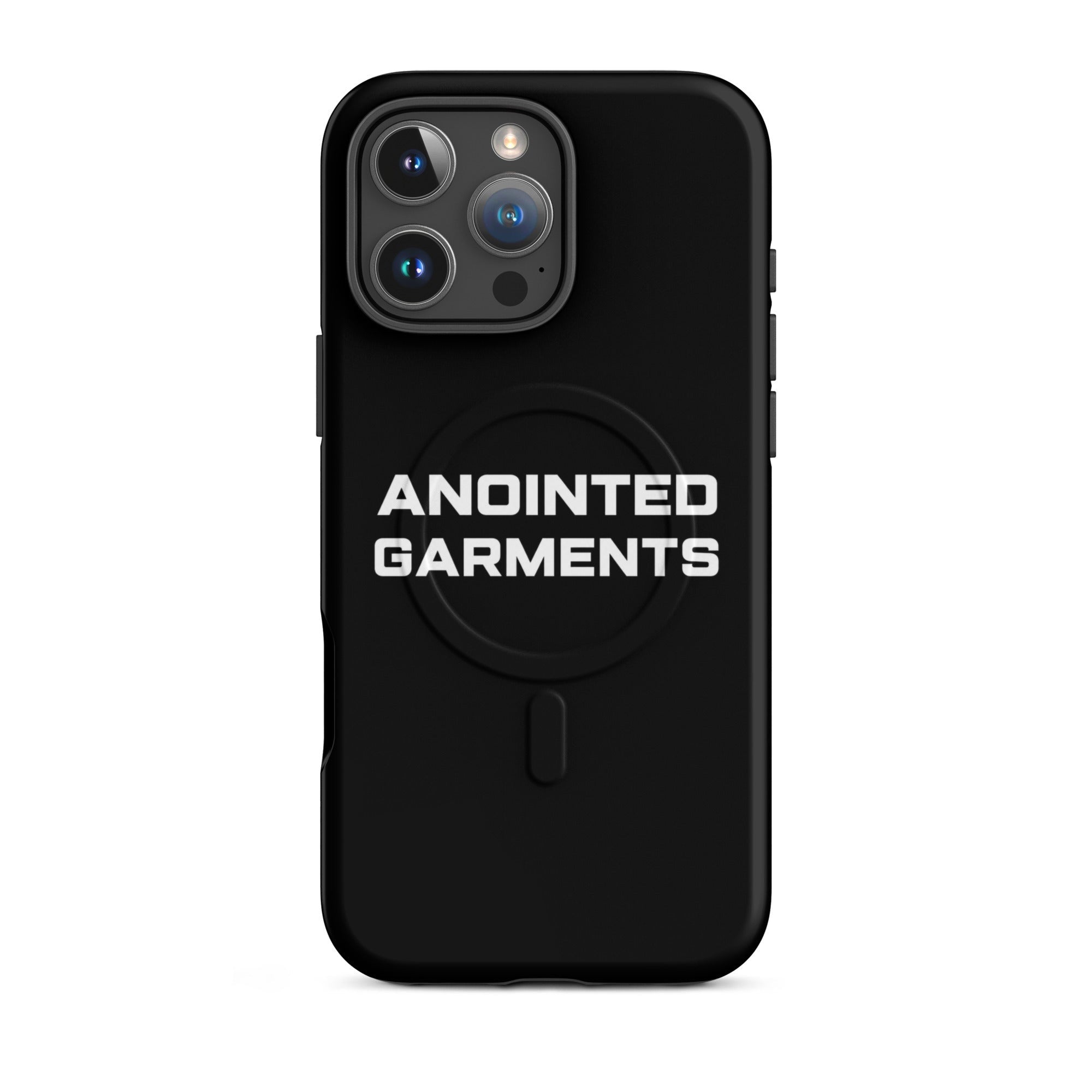 Anointed Garments black matte protective smartphone case with MagSafe compatibility and white logo branding.