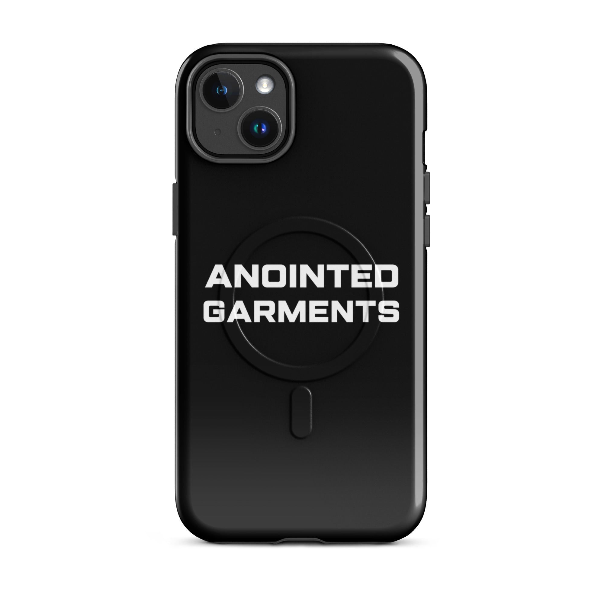 Anointed Garments black MagSafe compatible smartphone case with white logo branding and dual-layer protection.