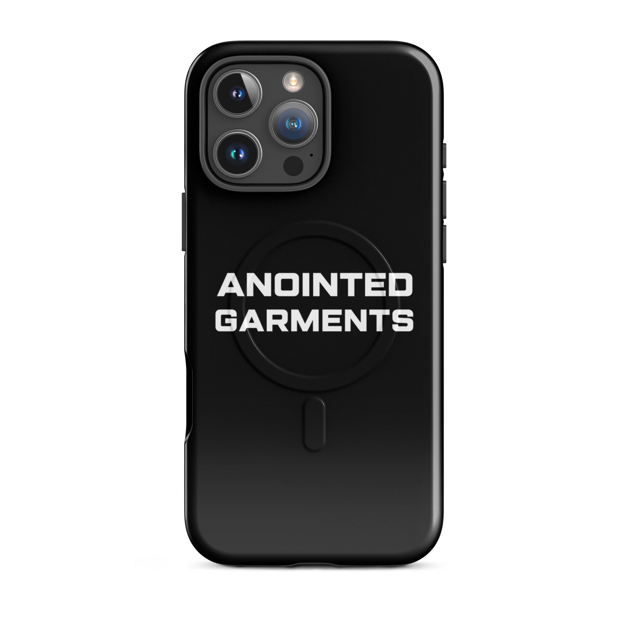 Anointed Garments matte black MagSafe compatible protective smartphone case with white logo branding