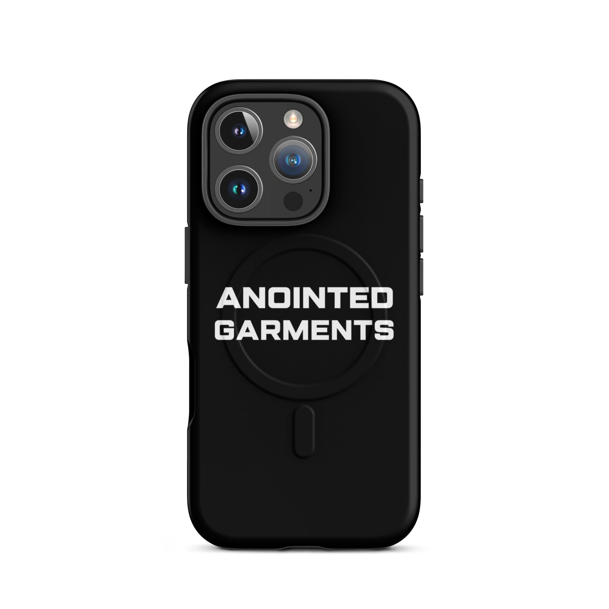 Anointed Garments black matte protective smartphone case with MagSafe compatibility and white logo branding.
