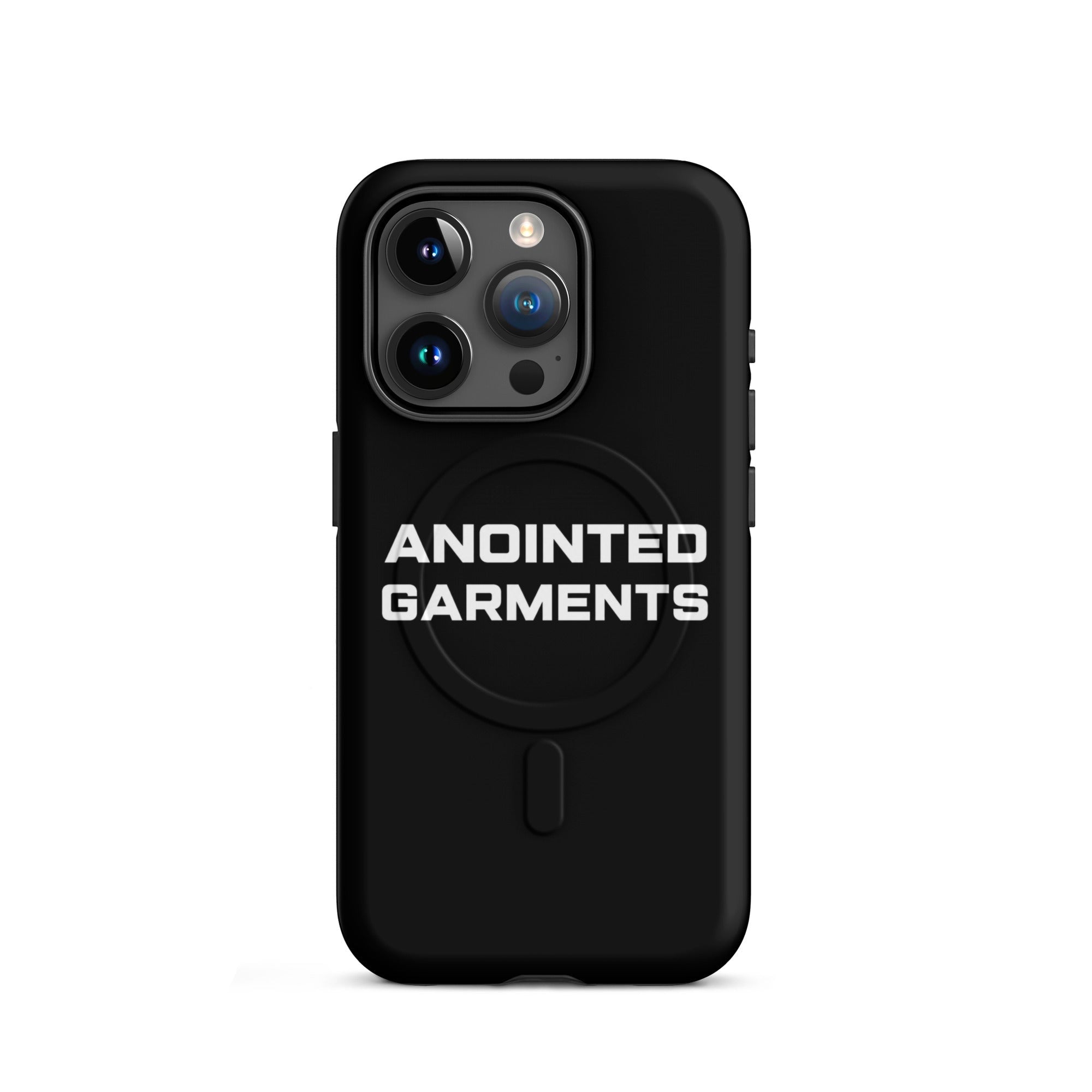 Anointed Garments matte black protective smartphone case with MagSafe compatibility and white logo branding.