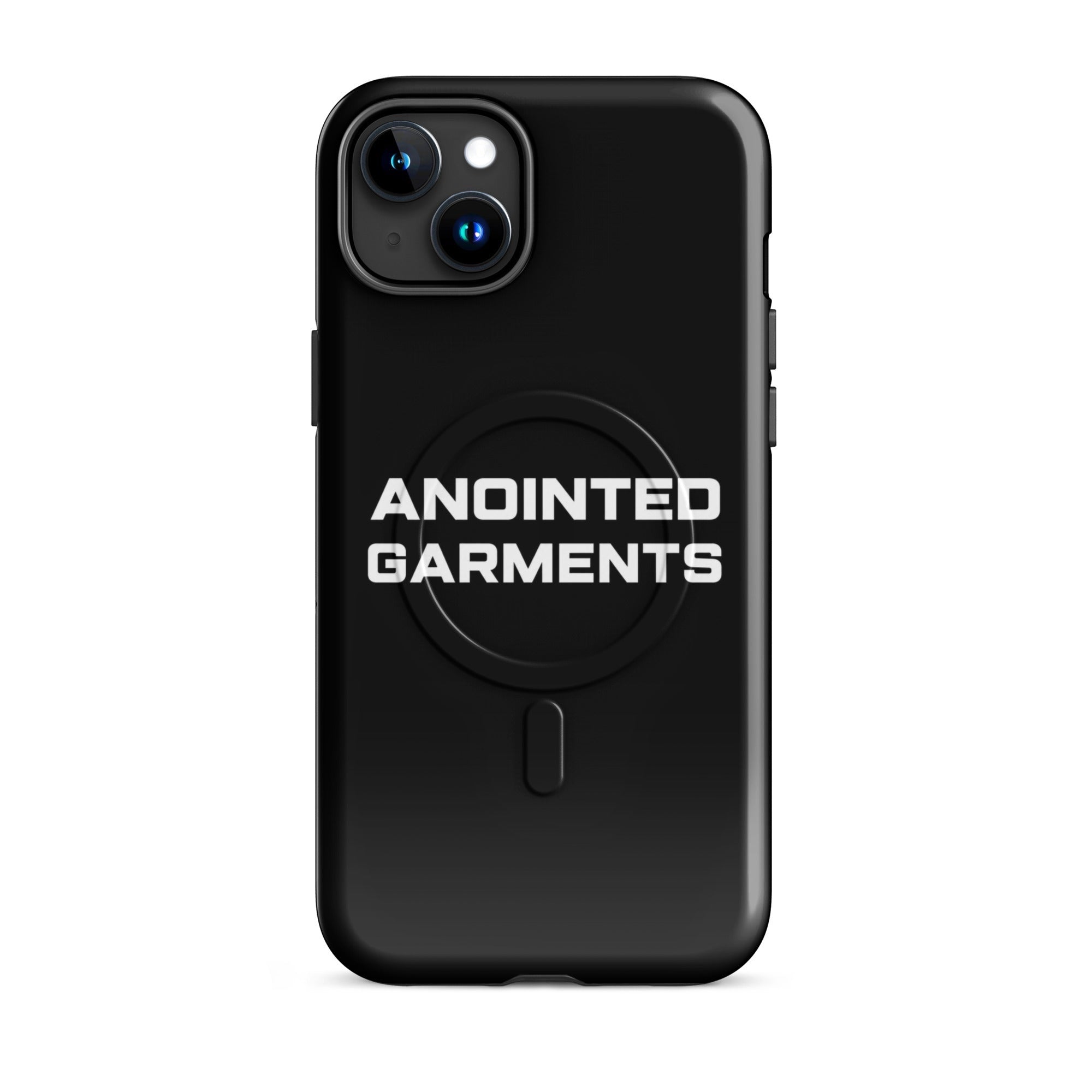 Anointed Garments black MagSafe compatible protective smartphone case with matte finish and white logo branding.