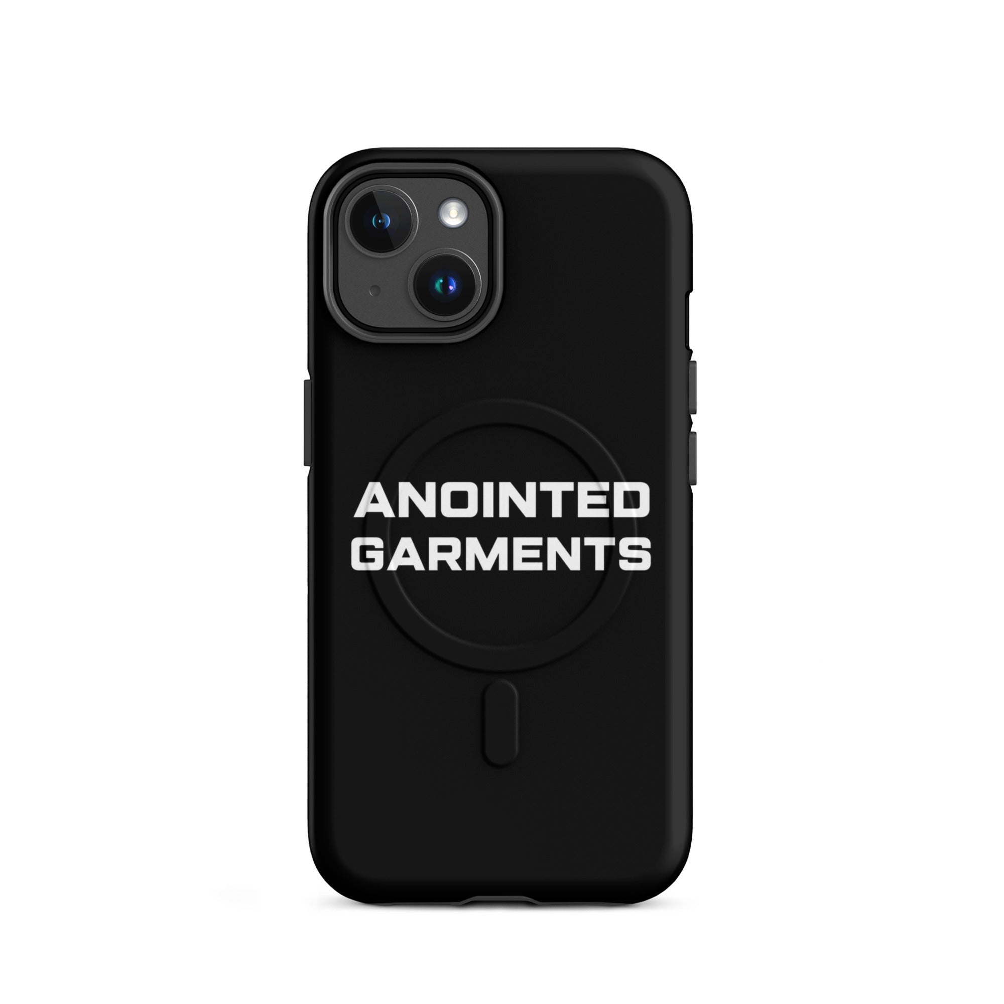 Anointed Garments black matte protective smartphone case with MagSafe compatibility and white logo branding.