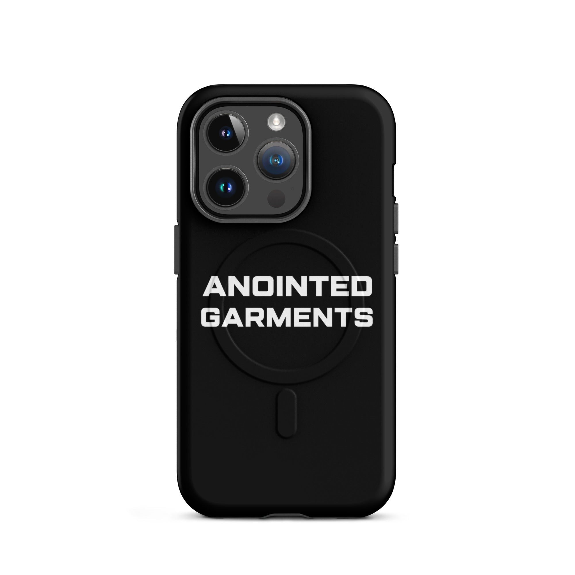 Anointed Garments black matte protective smartphone case with MagSafe compatibility and white brand logo