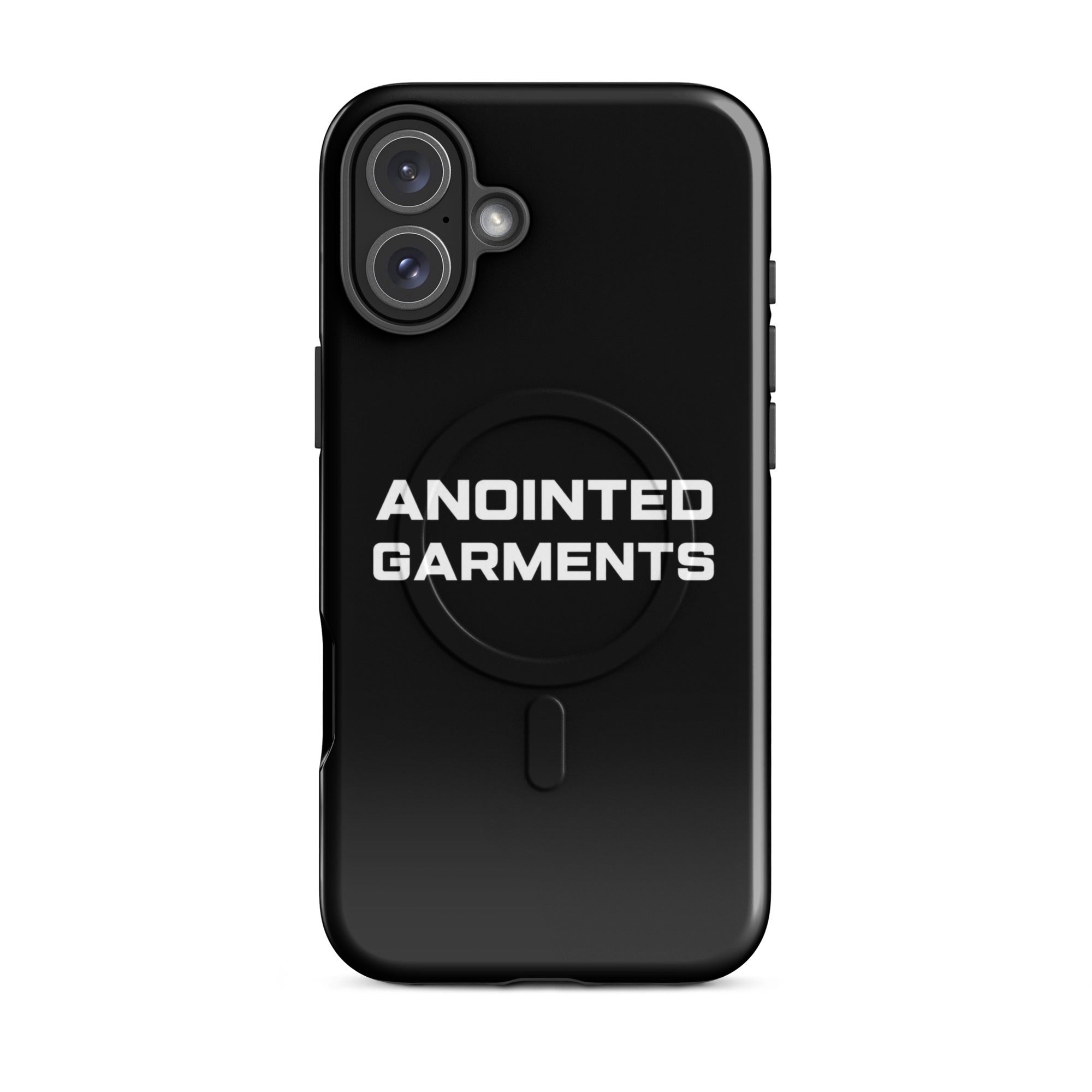 Anointed Garments black protective smartphone case with MagSafe compatibility and minimalist branding.