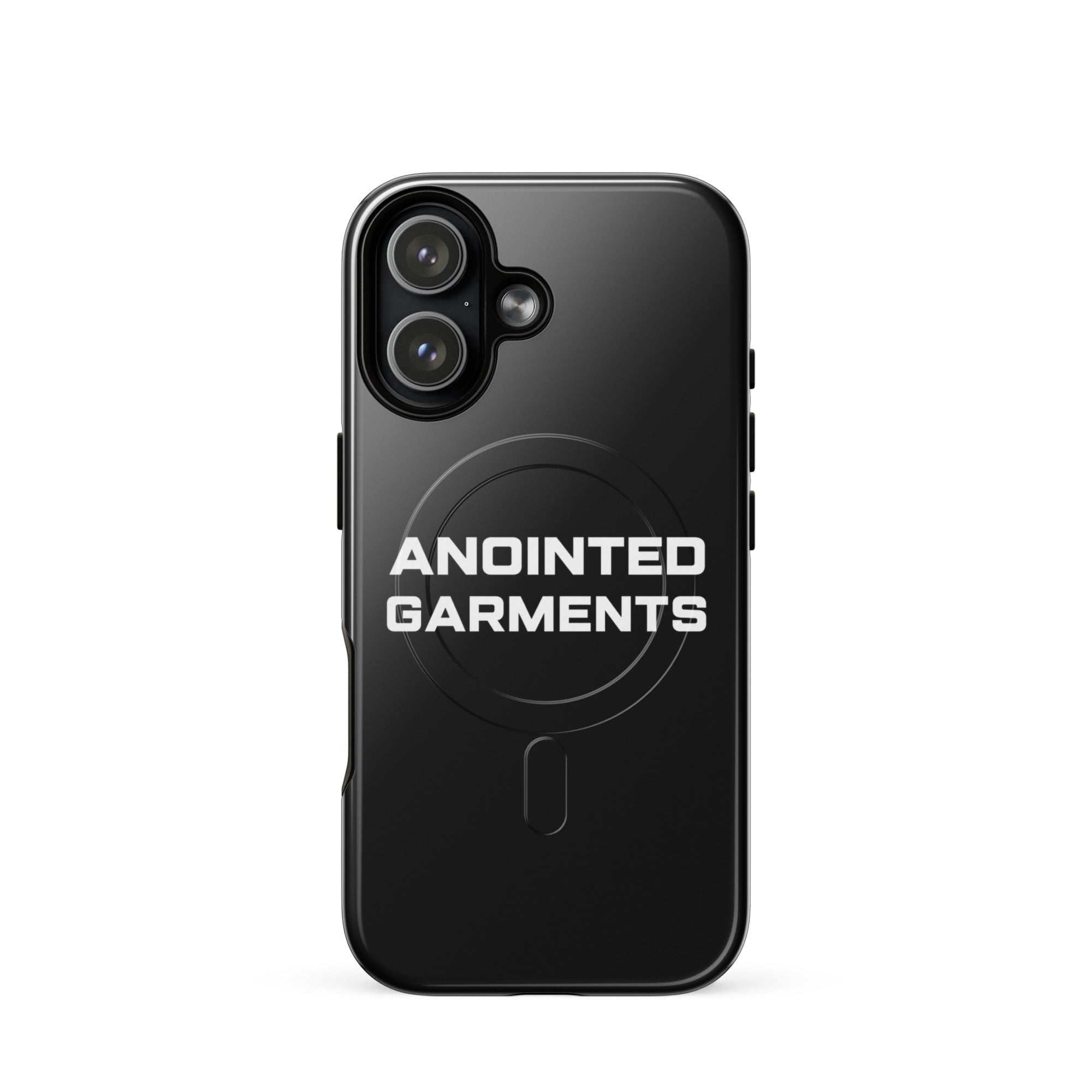 Anointed Garments black matte protective smartphone case with MagSafe compatibility and minimalist branding.