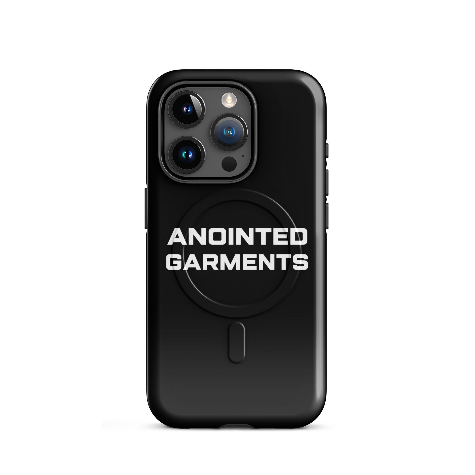 Anointed Garments black matte protective smartphone case with MagSafe compatibility and white branding on the back.