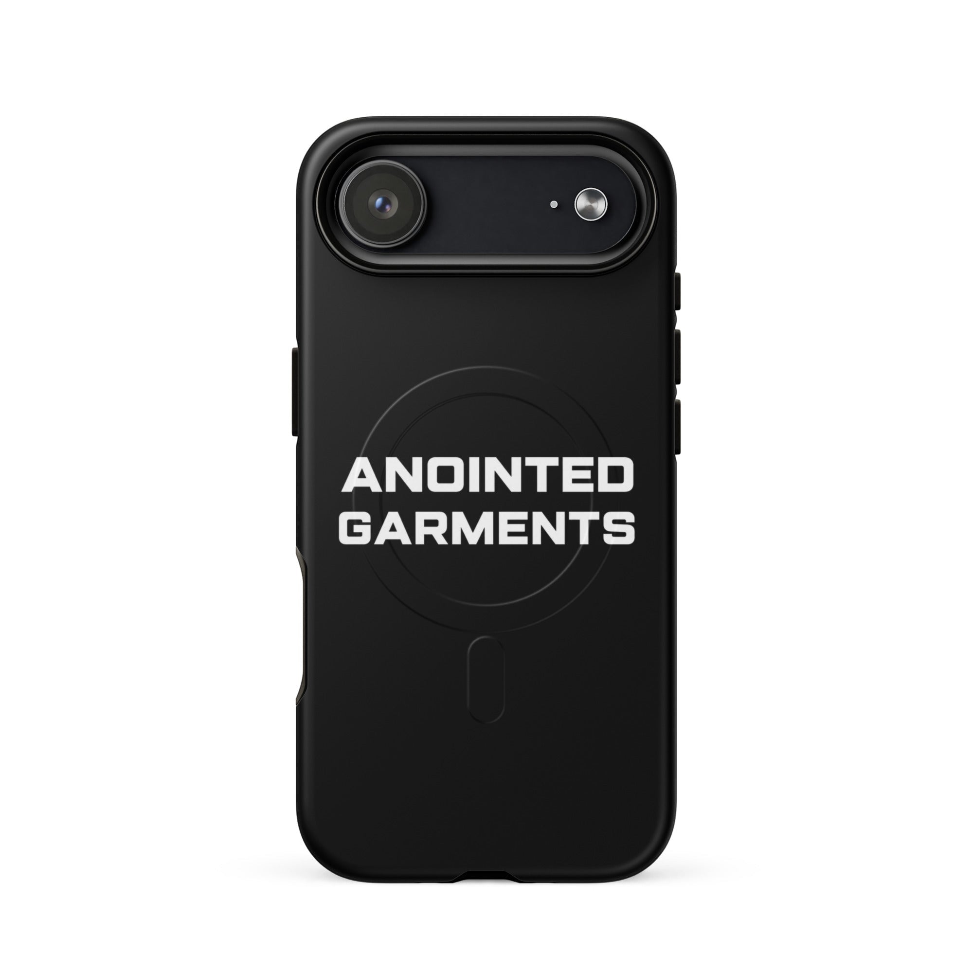Anointed Garments black matte protective smartphone case with MagSafe compatibility and white logo branding.