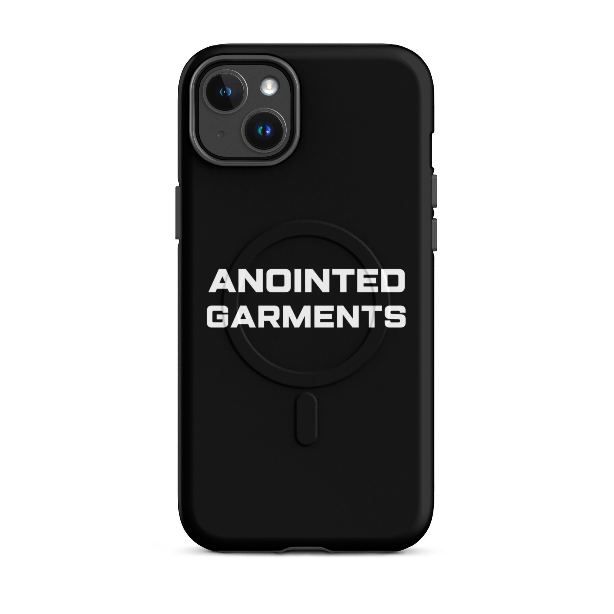 Anointed Garments black matte protective smartphone case with MagSafe compatibility and white logo branding.