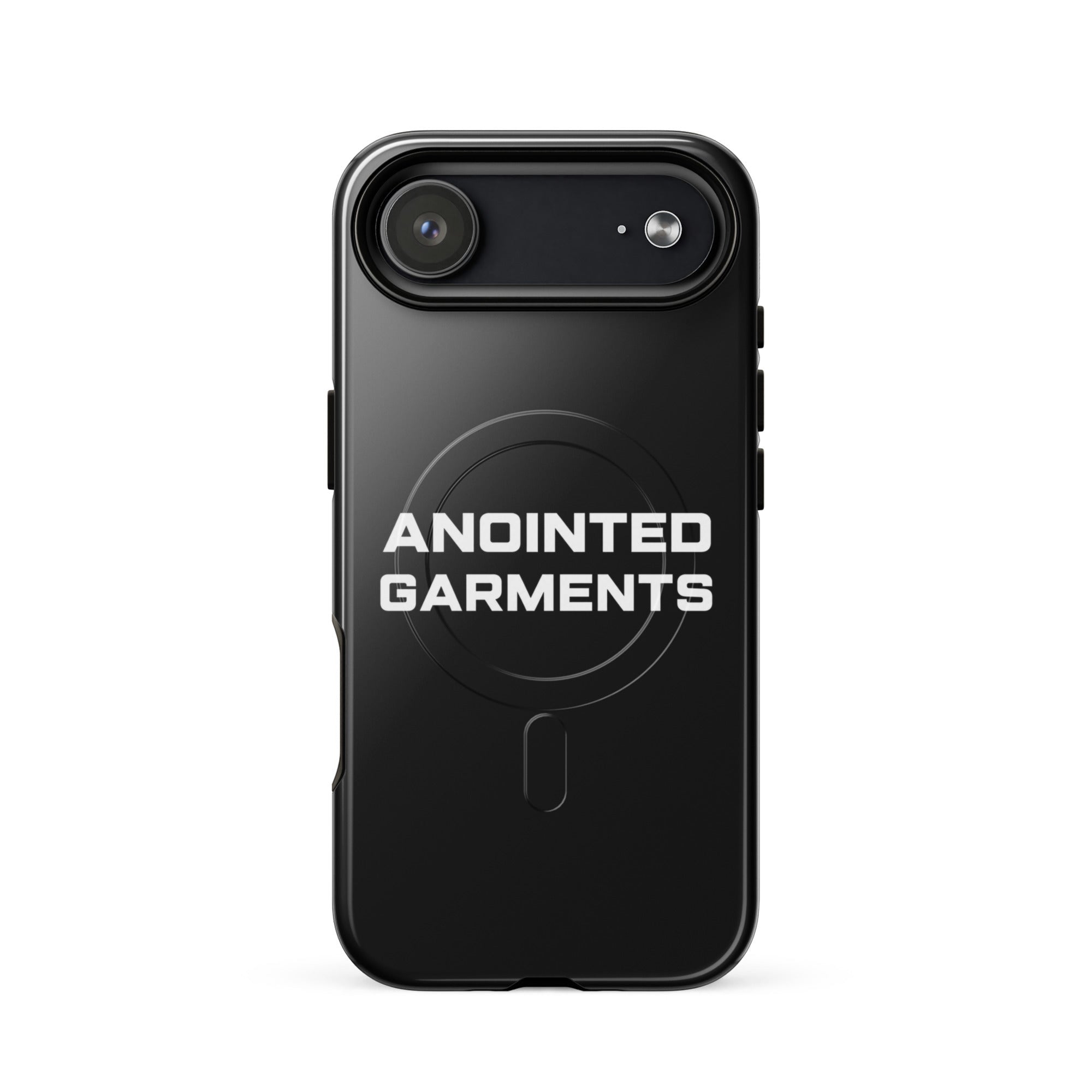 Anointed Garments black protective smartphone case with MagSafe compatibility and minimalist branding