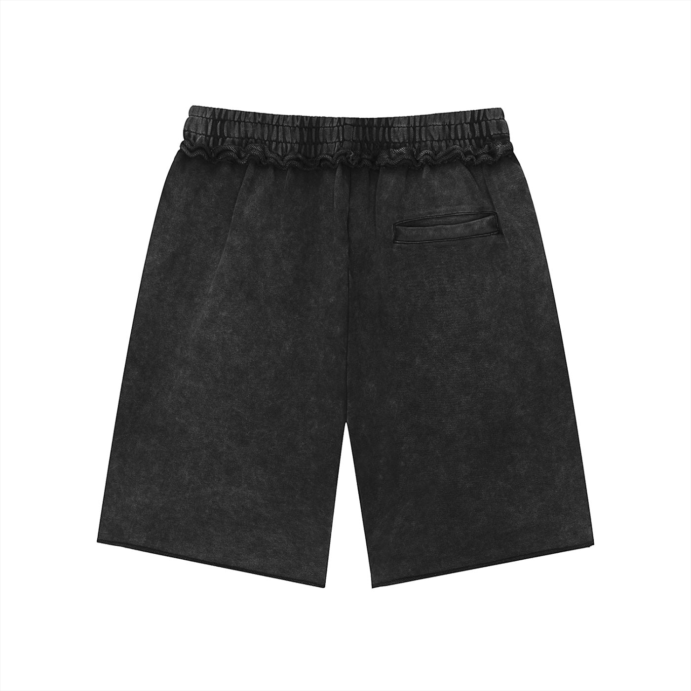 Anointed Garments unisex black mineral wash cotton shorts with a mid-waist, loose fit, and raw edge hem detail.
